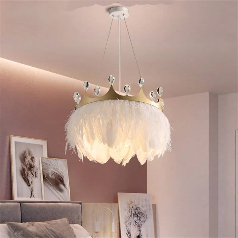 ChandeliersDecor.com-Kids Room Nursery Lighting-White Feather Crown Crystal Pendant Light - Illuminate Your Space with Ethereal Elegance