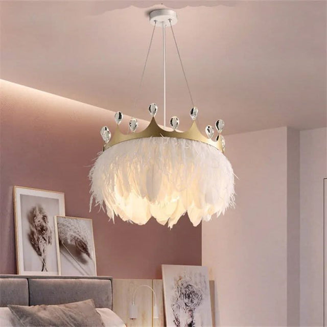 White Feather Crown Crystal Pendant Light - Illuminate Your Space with Ethereal Elegance-ChandeliersDecor.com