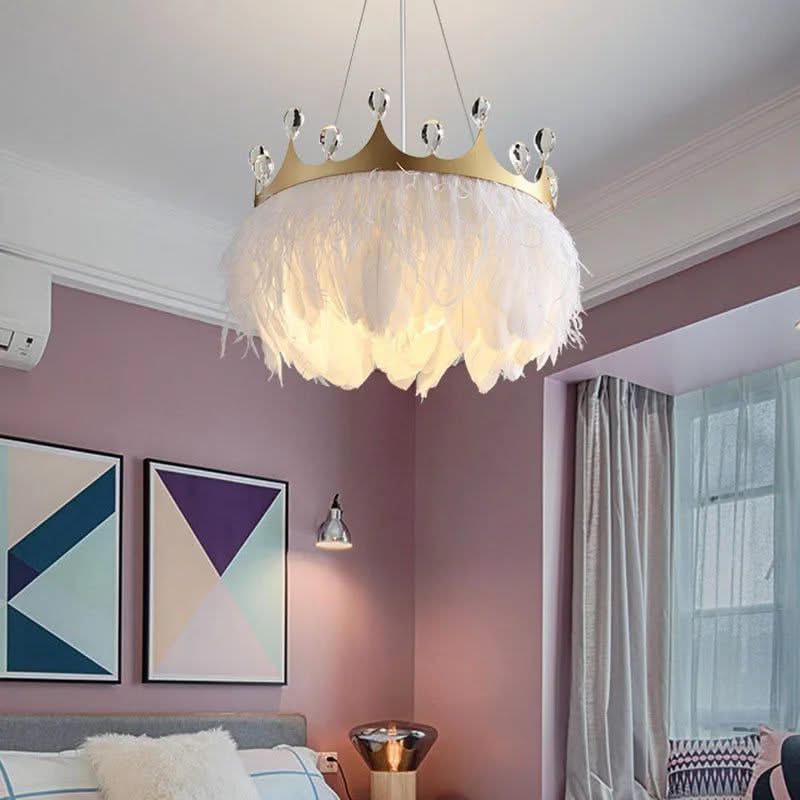 ChandeliersDecor.com-Kids Room Nursery Lighting-White Feather Crown Crystal Pendant Light - Illuminate Your Space with Ethereal Elegance