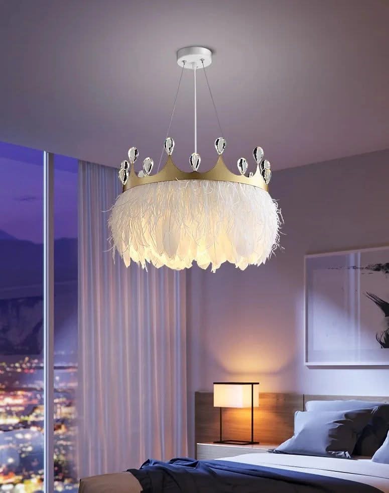 ChandeliersDecor.com-Kids Room Nursery Lighting-White Feather Crown Crystal Pendant Light - Illuminate Your Space with Ethereal Elegance