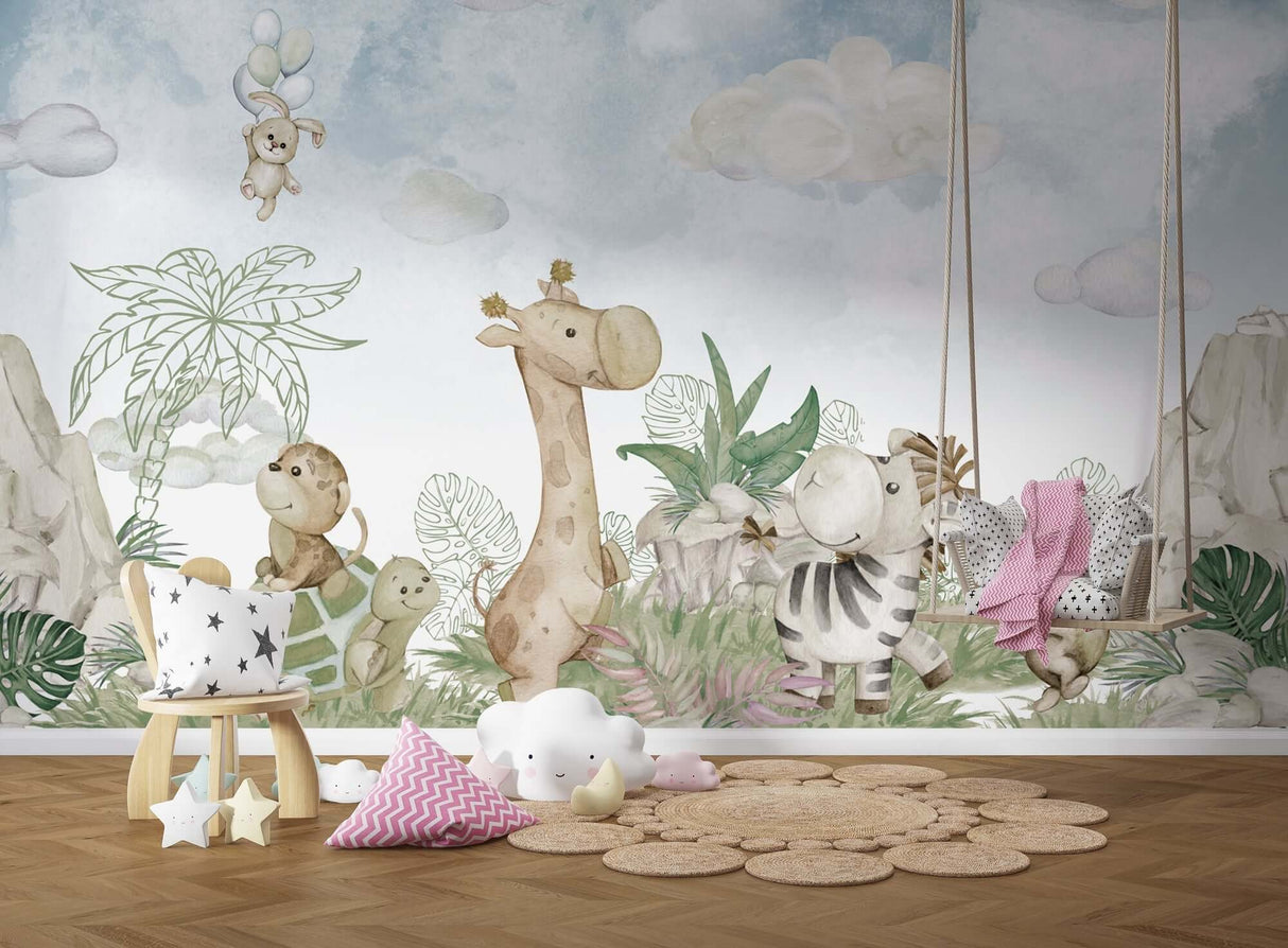 Cute Jungle Safari - Baby Room Wallpaper Mural-ChandeliersDecor.com