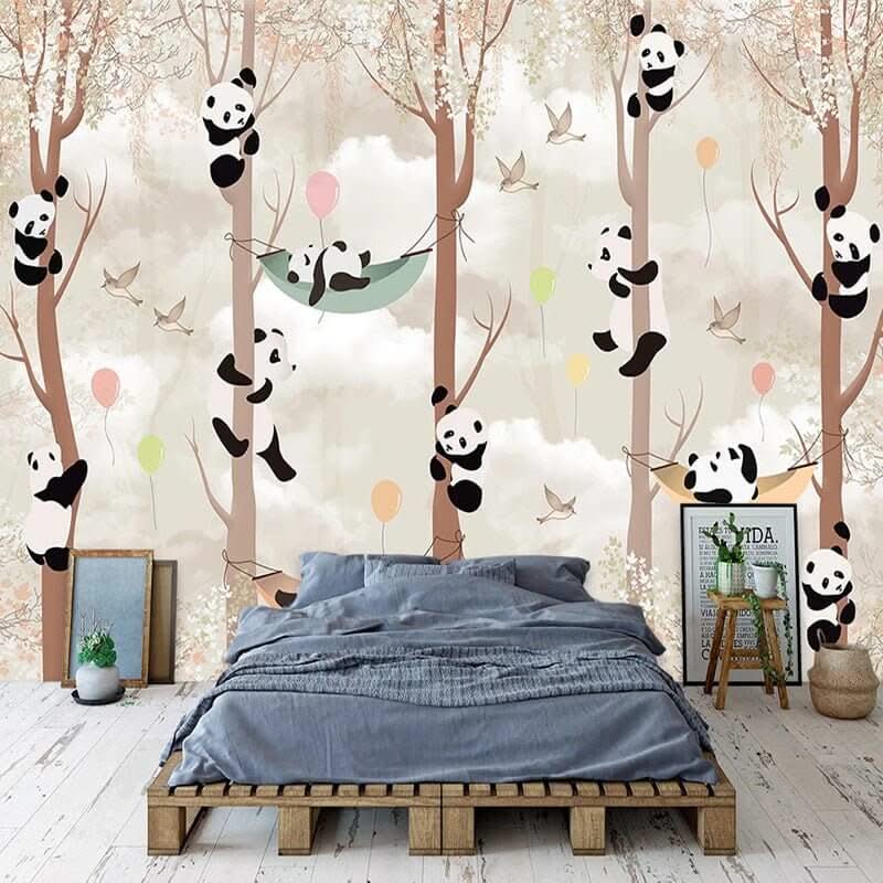 Cute Pandas Hanging on Trees in Forest Nursery Wallpaper-ChandeliersDecor.com
