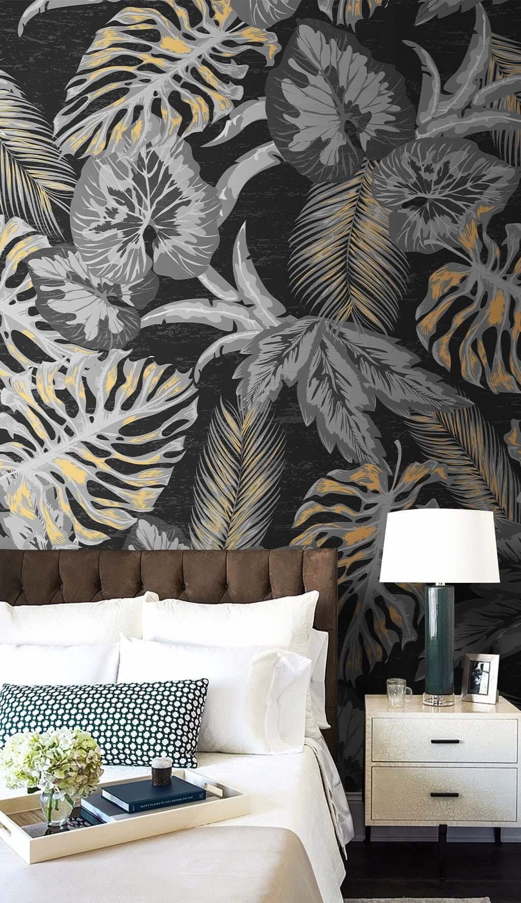 Dark Night Leaves Wallpaper Mural-ChandeliersDecor.com