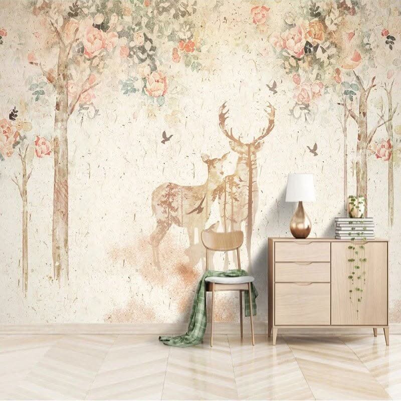 Floral Meadow with Deer - Nature-Inspired Wallpaper-ChandeliersDecor.com