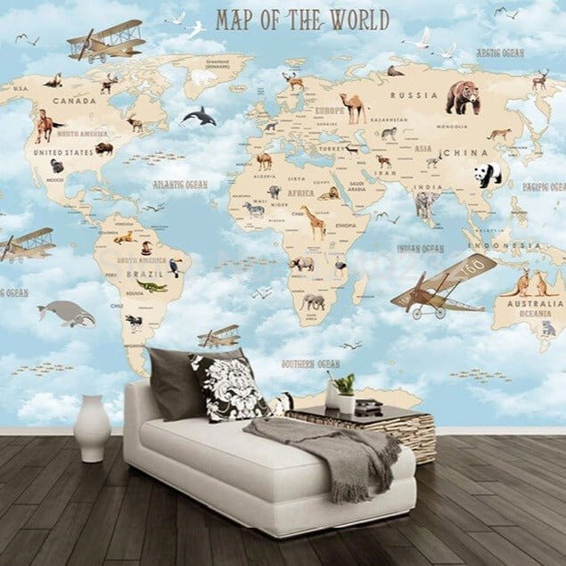 GeoExplorers: Interactive Blue Theme World Map Wallpaper for Kids-ChandeliersDecor.com