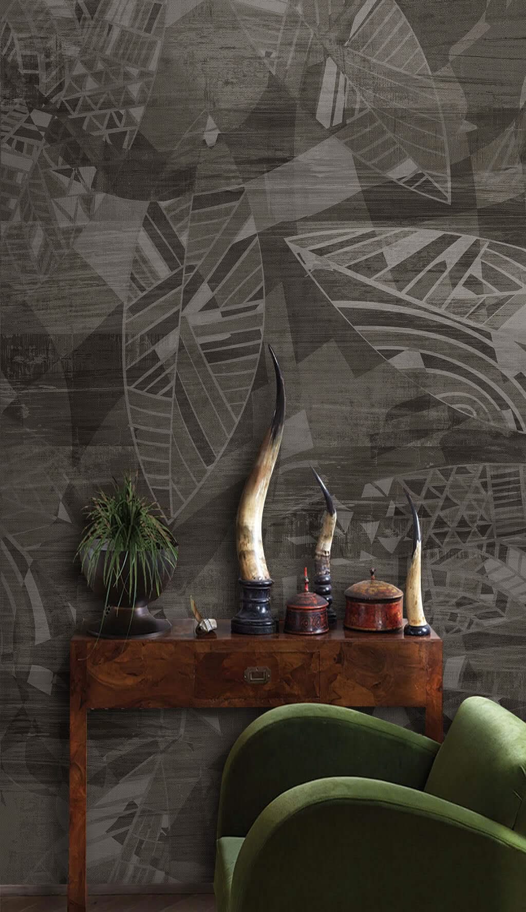 Geometric Dark Leaves Wallpaper Mural-ChandeliersDecor.com