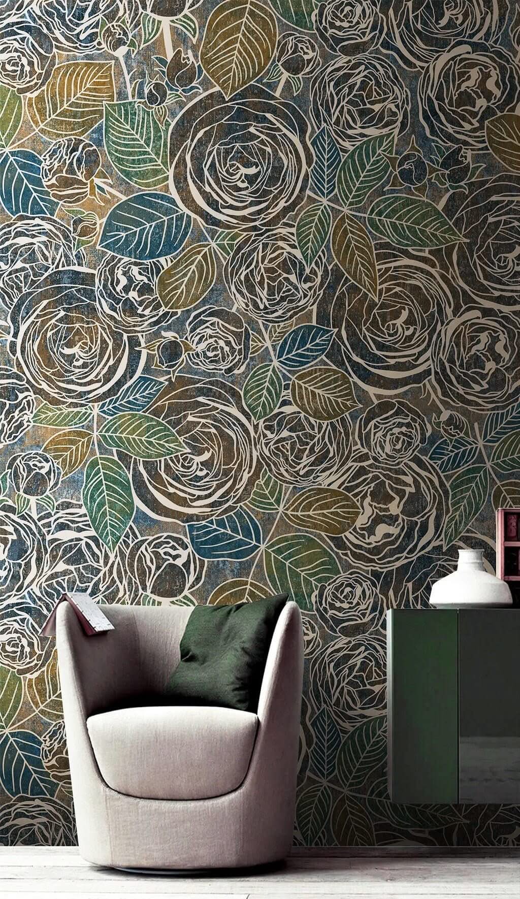 Gold Line Roses Floral Wallpaper Mural-ChandeliersDecor.com