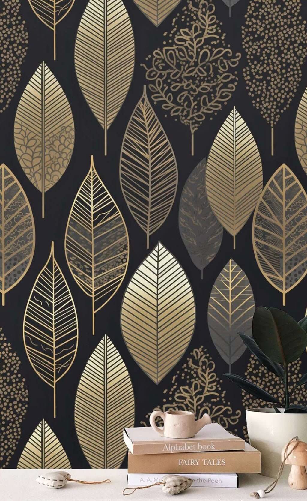 Golden Leafs Pattern Wallpaper Mural-ChandeliersDecor.com