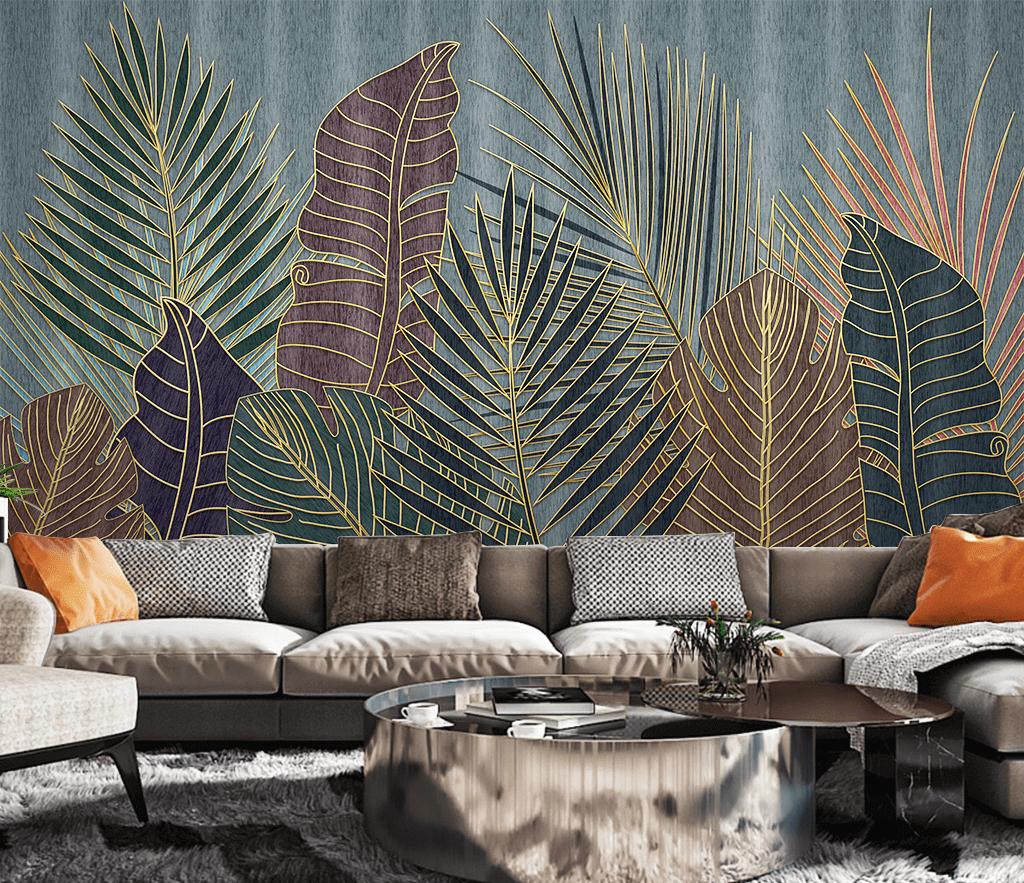 Golden line Leafs Wallpaper Murals-ChandeliersDecor.com