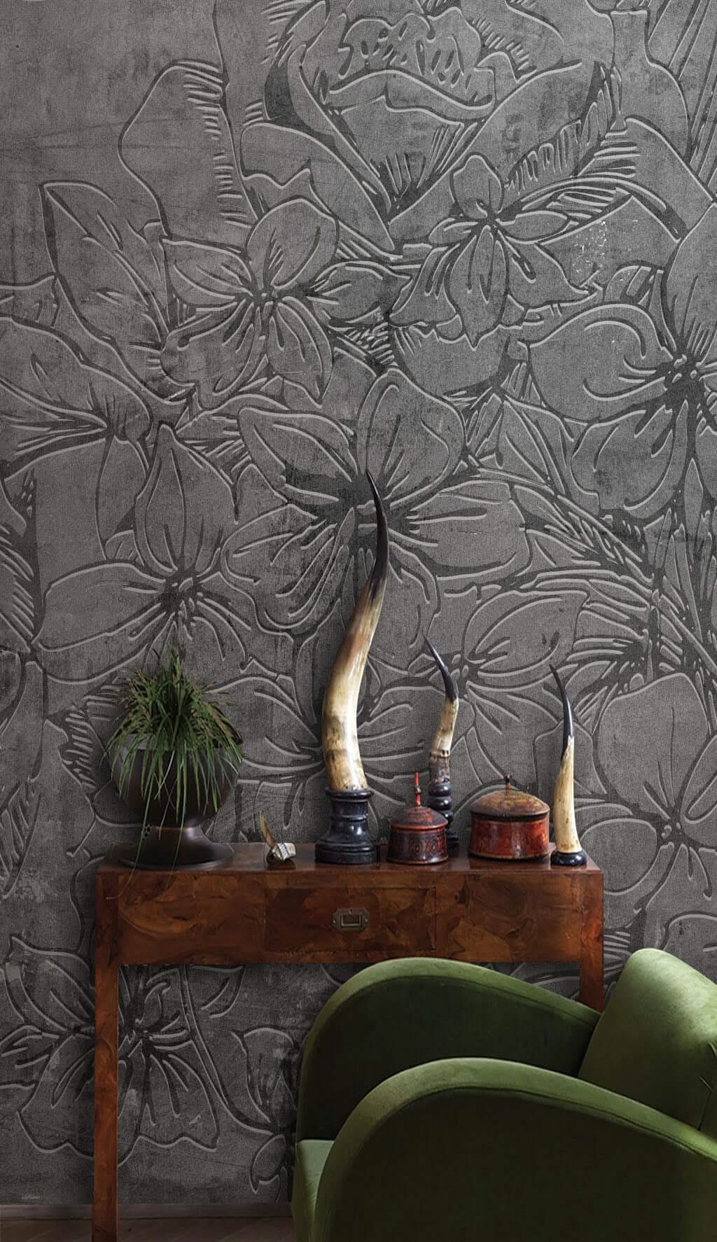 Gray Emboss Florals Wallpaper Mural-ChandeliersDecor.com