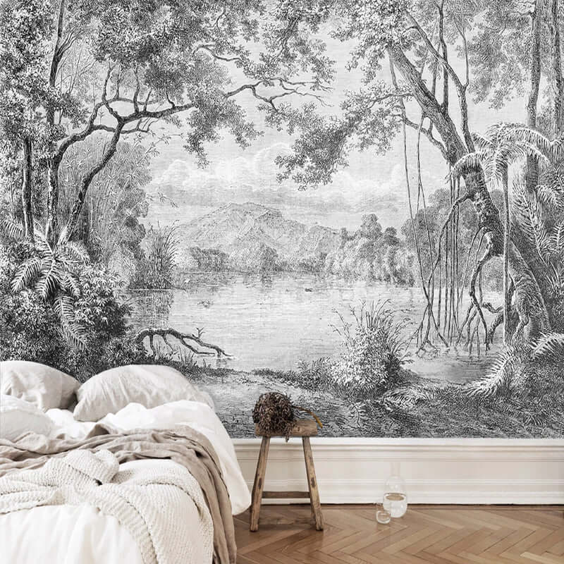 Lake View Sketch Wallpaper - Perfect Serene Atmosphere-ChandeliersDecor.com