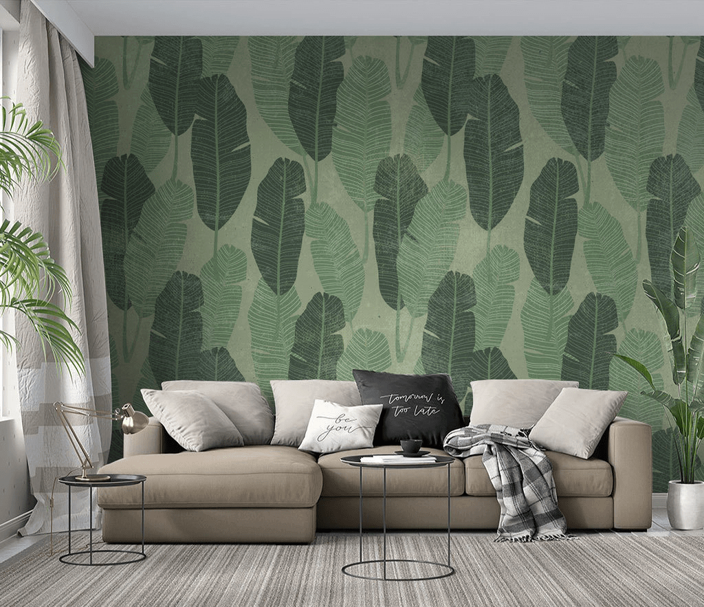 Long Green Leaves Pattern Wallpaper Murals-ChandeliersDecor.com