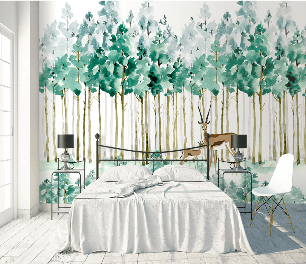 Pastel Greens: Forest Trees Wallpaper Murals-ChandeliersDecor.com