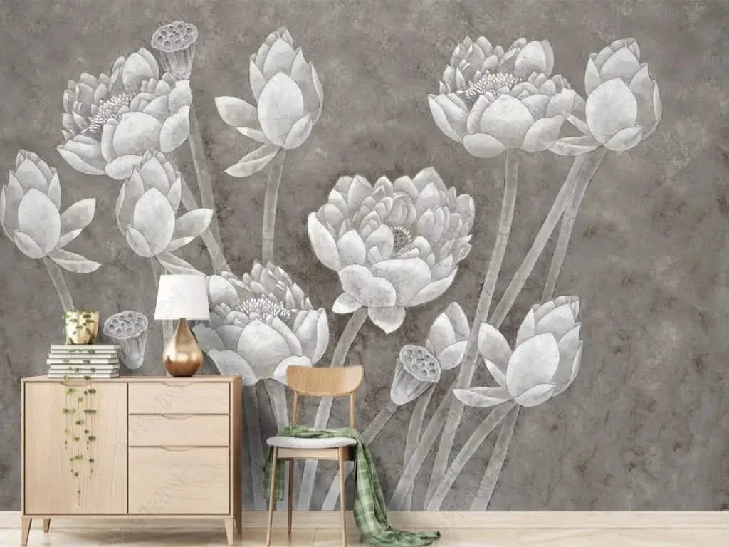 Pencil Sketch Flowers Wallpaper Mural-ChandeliersDecor.com