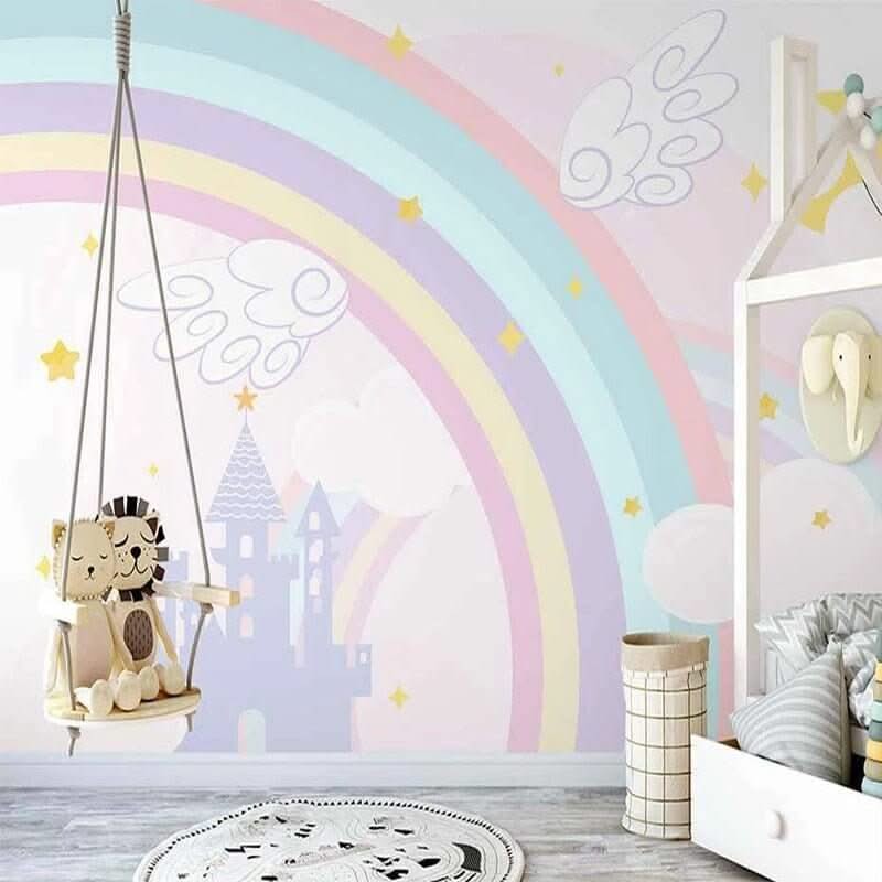 Pink Castle with Rainbow Nursery Wallpaper-ChandeliersDecor.com