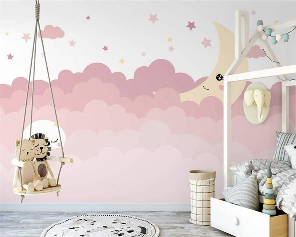 Pink Shade Cloud Waves and Moon Nursery Wallpaper-ChandeliersDecor.com