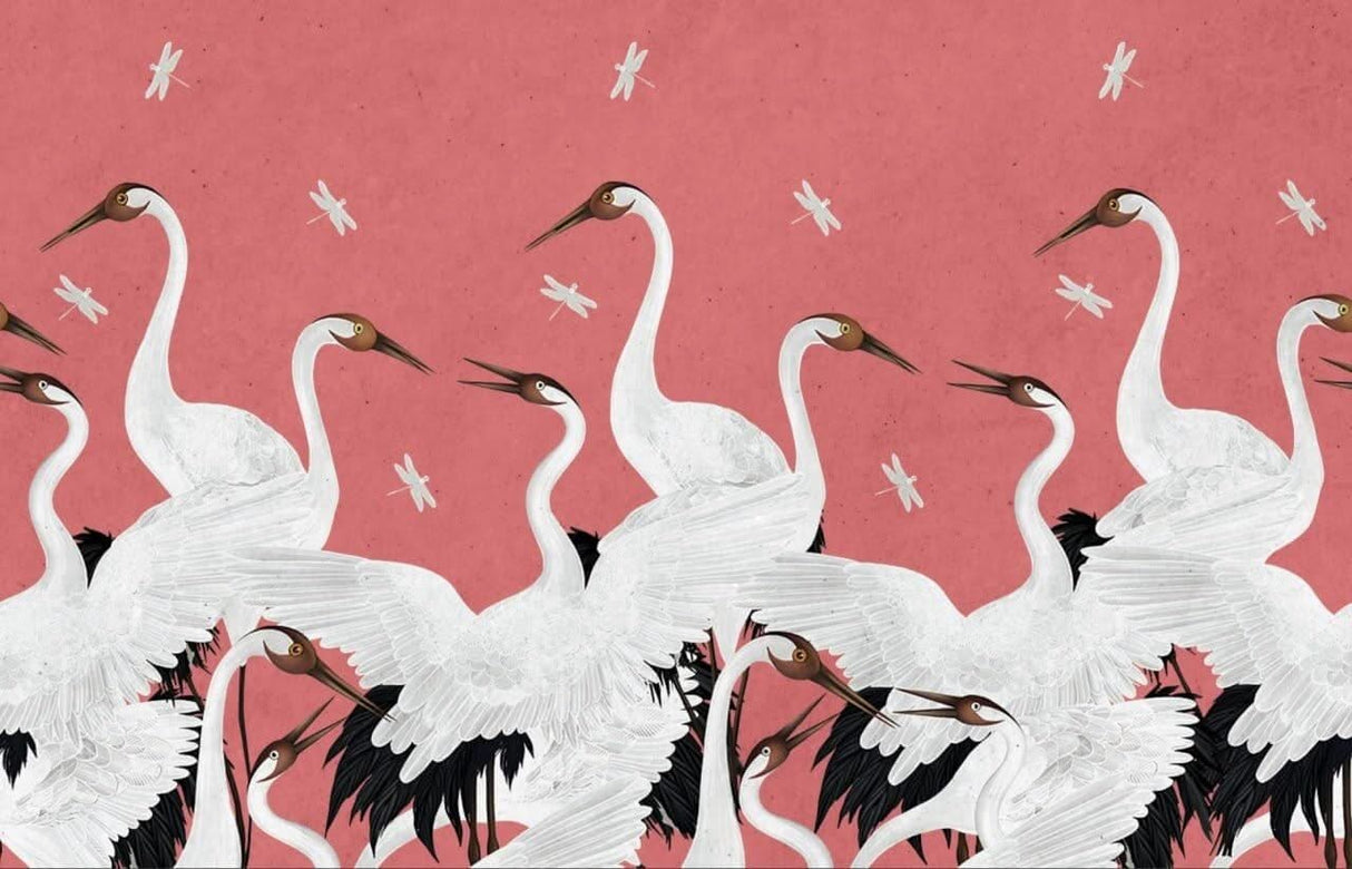 Salmon Pink Cranes & Dragonflies Wallpaper Mural-ChandeliersDecor.com
