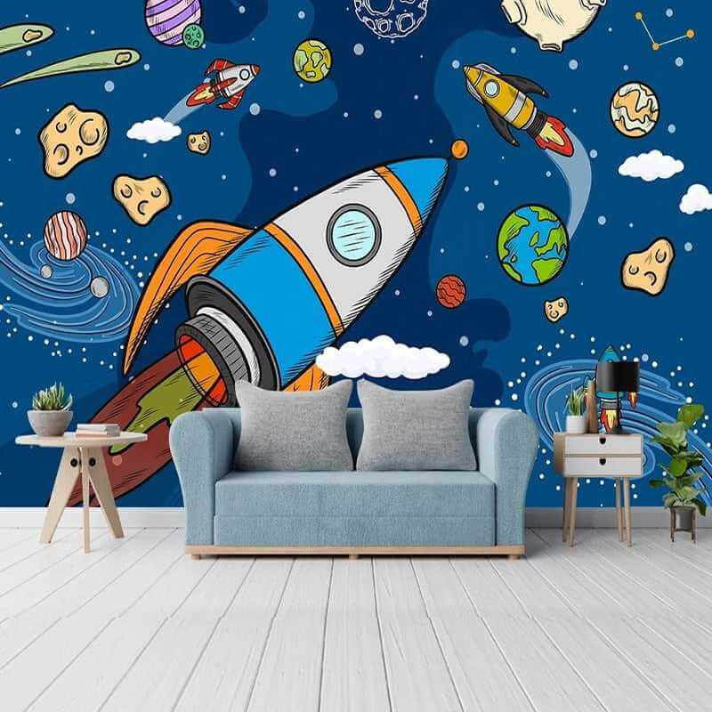 Stellar Adventure Cosmic Space Rocket Wallpaper-ChandeliersDecor.com