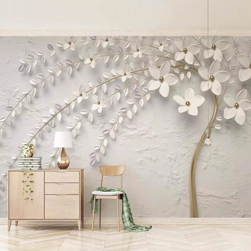 Tree with White Flowers Scenery Wallpaper for Home Wall Decor-ChandeliersDecor.com
