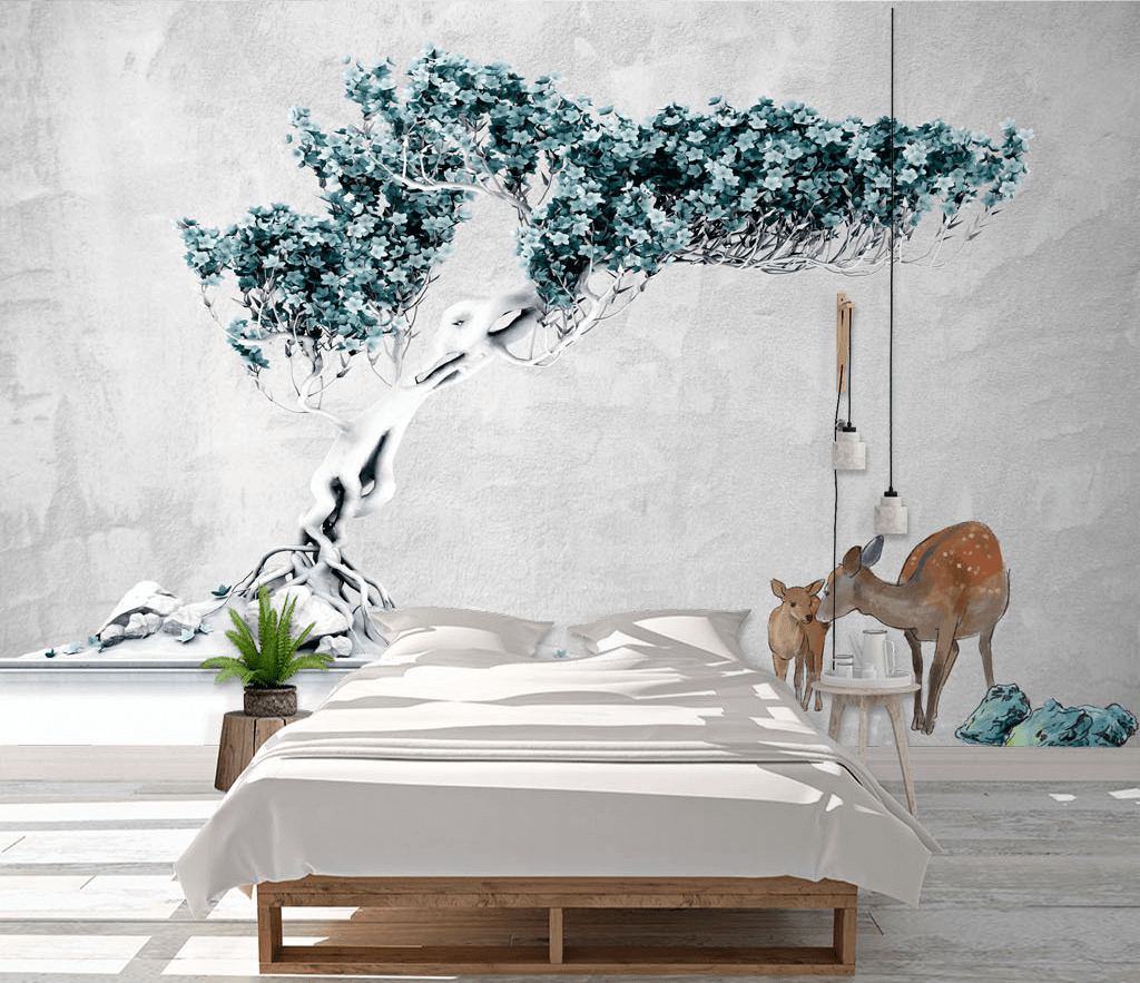 Turquoise 3D Tree Wallpaper Murals - Exquisite Wall Designs-ChandeliersDecor.com