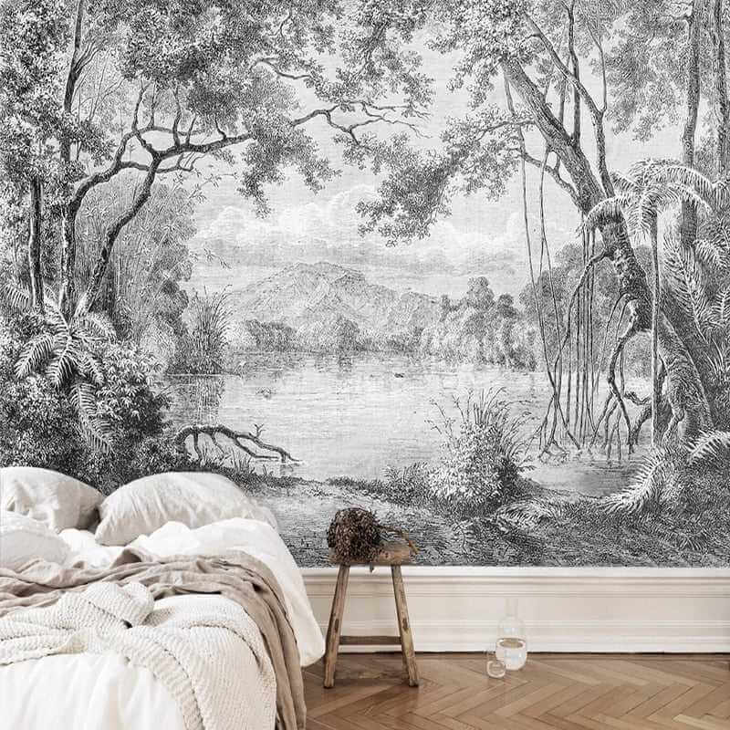 Whispering Shadows: Black And White Forest Wallpaper-ChandeliersDecor.com
