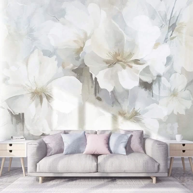 White Floral Wallpaper Murals - Stunning Design-ChandeliersDecor.com