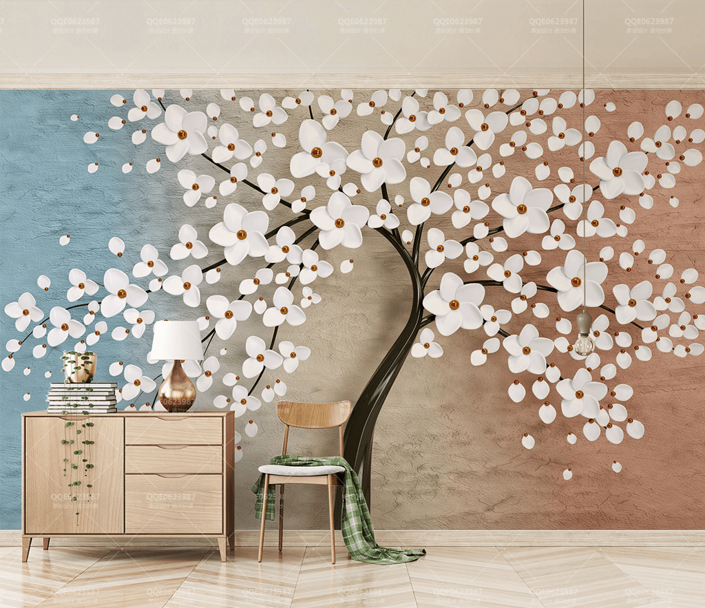 White Flowers Tree Wallpaper Murals: Bringing Elegance-ChandeliersDecor.com