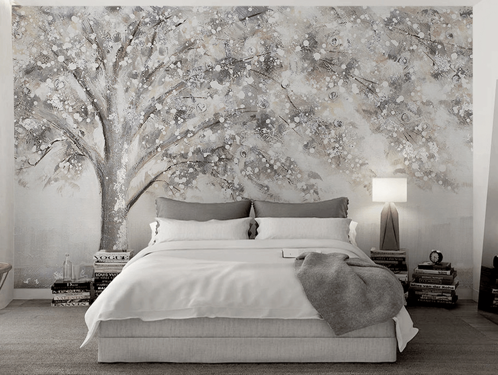 Widespread Tree Grey Theme Wallpaper Murals-ChandeliersDecor.com