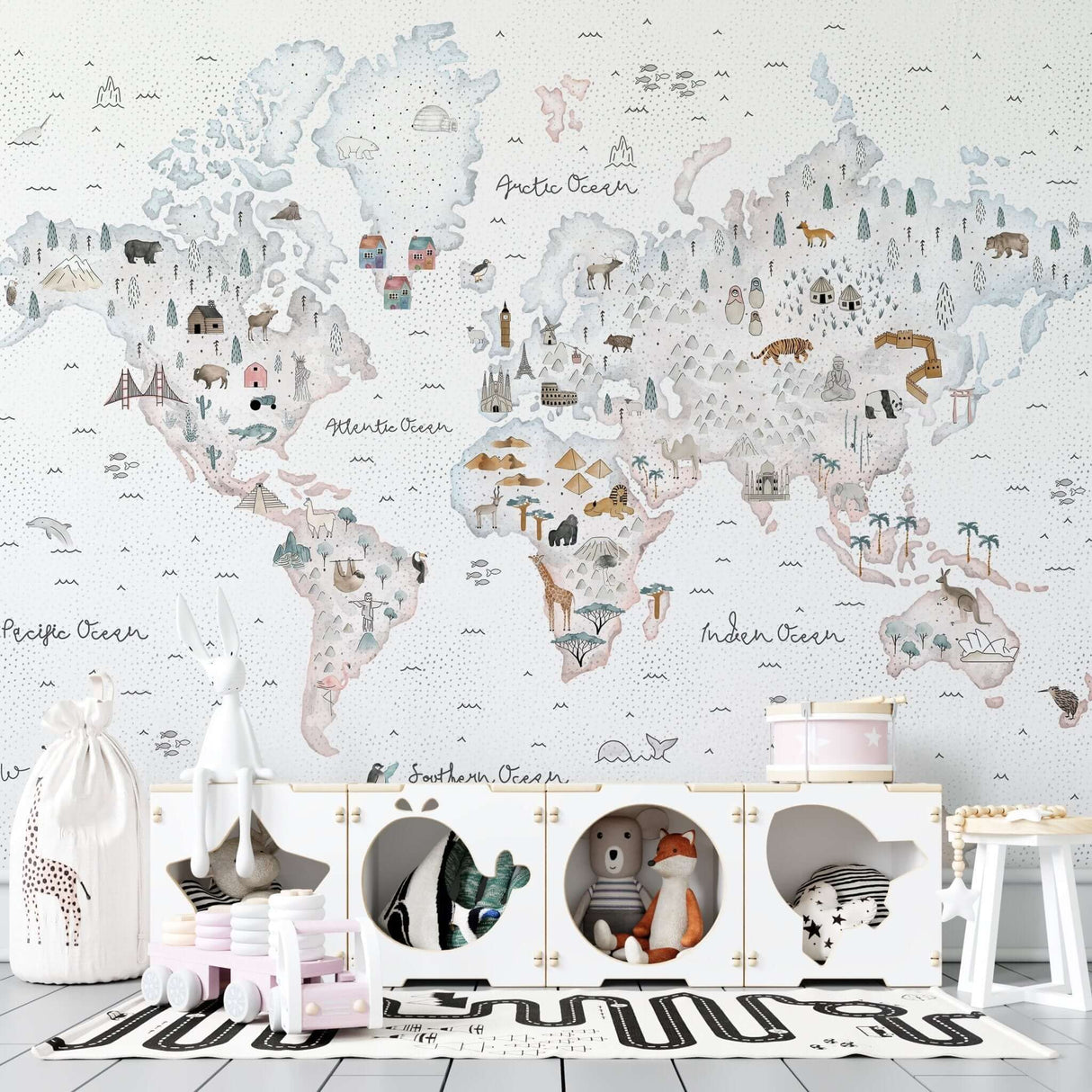 World Map White Theme - Kids Room Wallpaper Mural-ChandeliersDecor.com