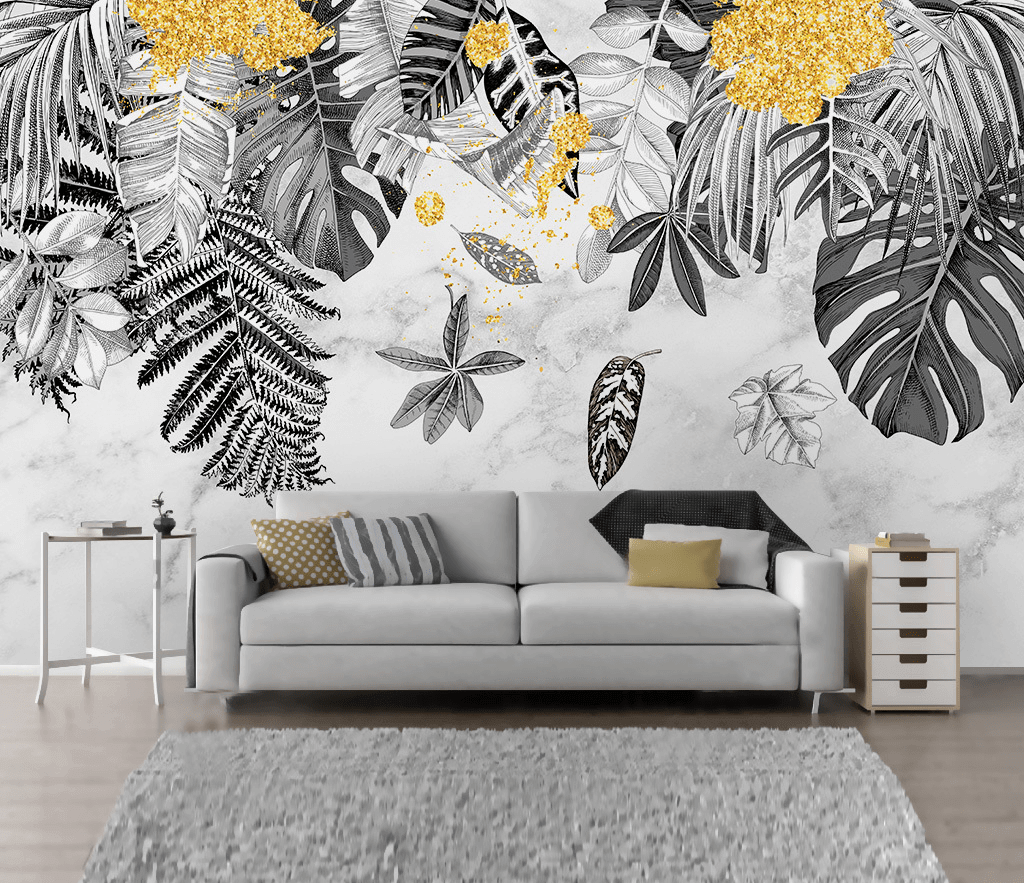 Yellow & Black - Leaves Wallpaper Murals-ChandeliersDecor.com