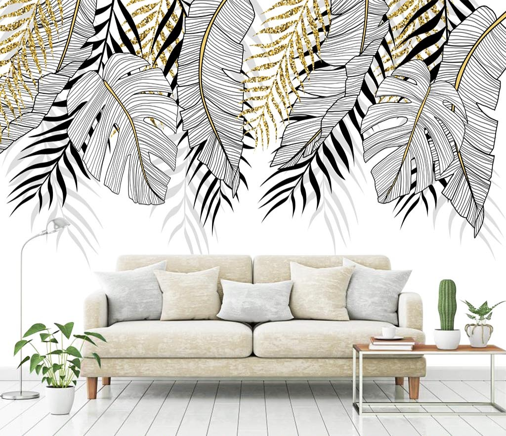 3D Gold and Black Leaves - Tropical Wallpaper Mural-ChandeliersDecor