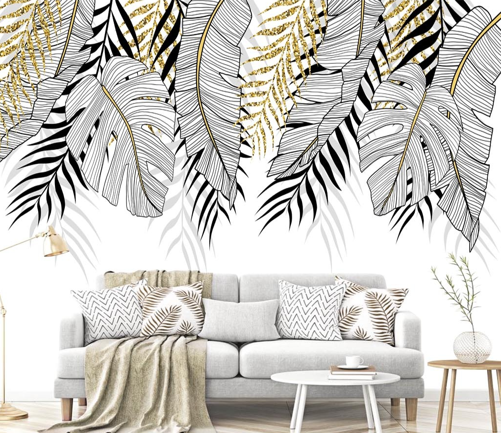 3D Gold and Black Leaves - Tropical Wallpaper Mural-ChandeliersDecor