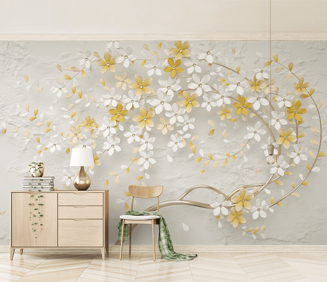 3D Tree White & Yellow Flowers Wallpaper Murals-ChandeliersDecor.com