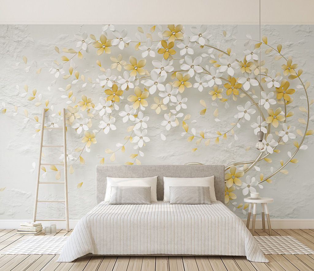 3D Tree White & Yellow Flowers Wallpaper Murals-ChandeliersDecor