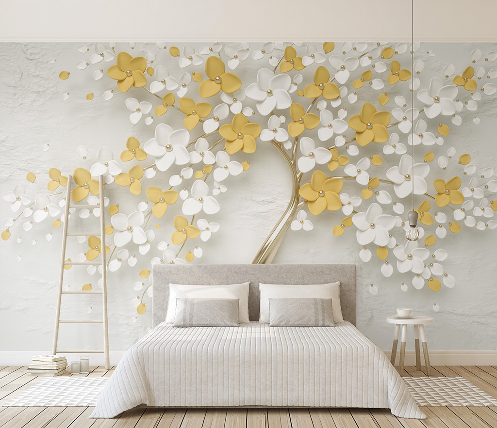 3D Tree White & Yellow Large Flowers Wallpaper Murals-ChandeliersDecor