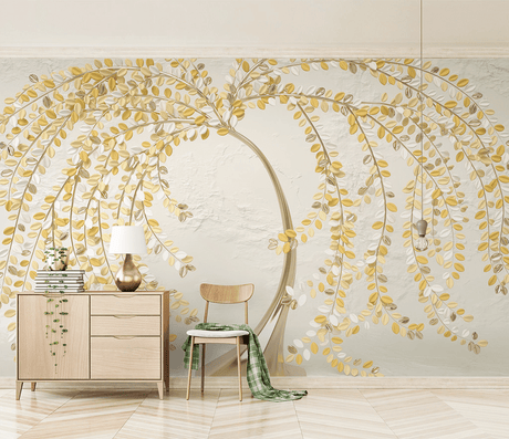 3D Tree with Yellow Wallpaper Murals: Vibrant Wall Décor-ChandeliersDecor.com