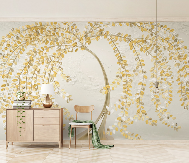 3D Tree with Yellow Wallpaper Murals: Vibrant Wall Décor-ChandeliersDecor