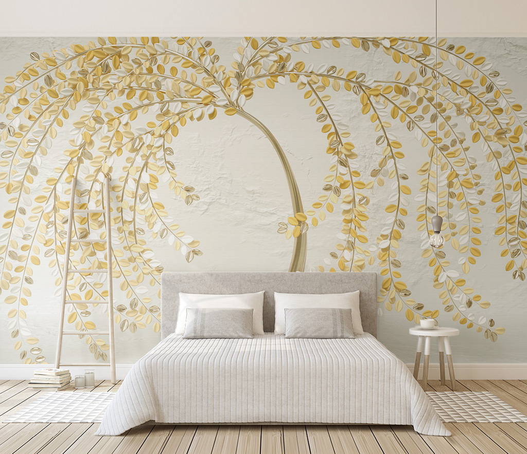 3D Tree with Yellow Wallpaper Murals: Vibrant Wall Décor-ChandeliersDecor