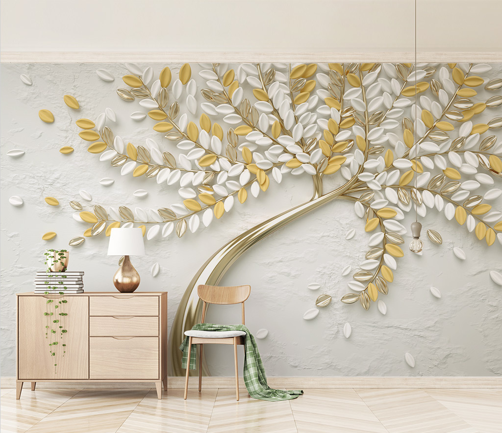 3D Tree Yellow Large Flowers Wallpaper Murals-ChandeliersDecor