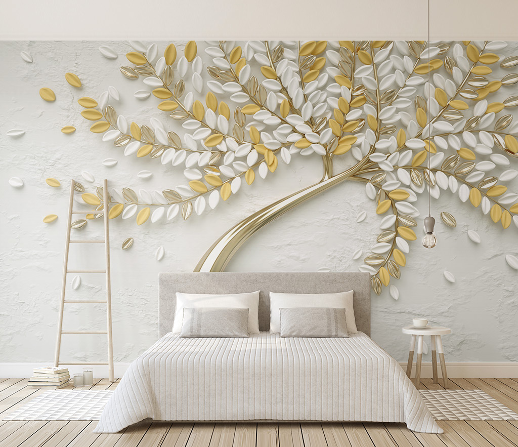 3D Tree Yellow Large Flowers Wallpaper Murals-ChandeliersDecor