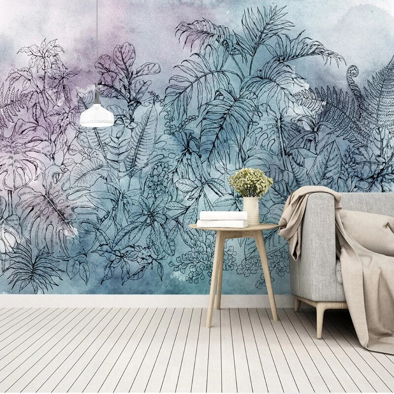 3D Tropical Watercolor Leaf Wallpaper Mural-ChandeliersDecor