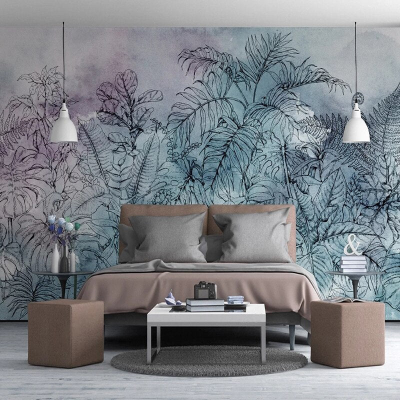 3D Tropical Watercolor Leaf Wallpaper Mural-ChandeliersDecor