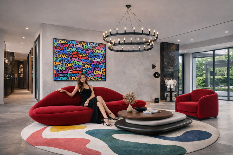 Luxury modern living room showcasing designer sofa, chandelier, floor lamp, wall art, rug, coffee table and curated home decor