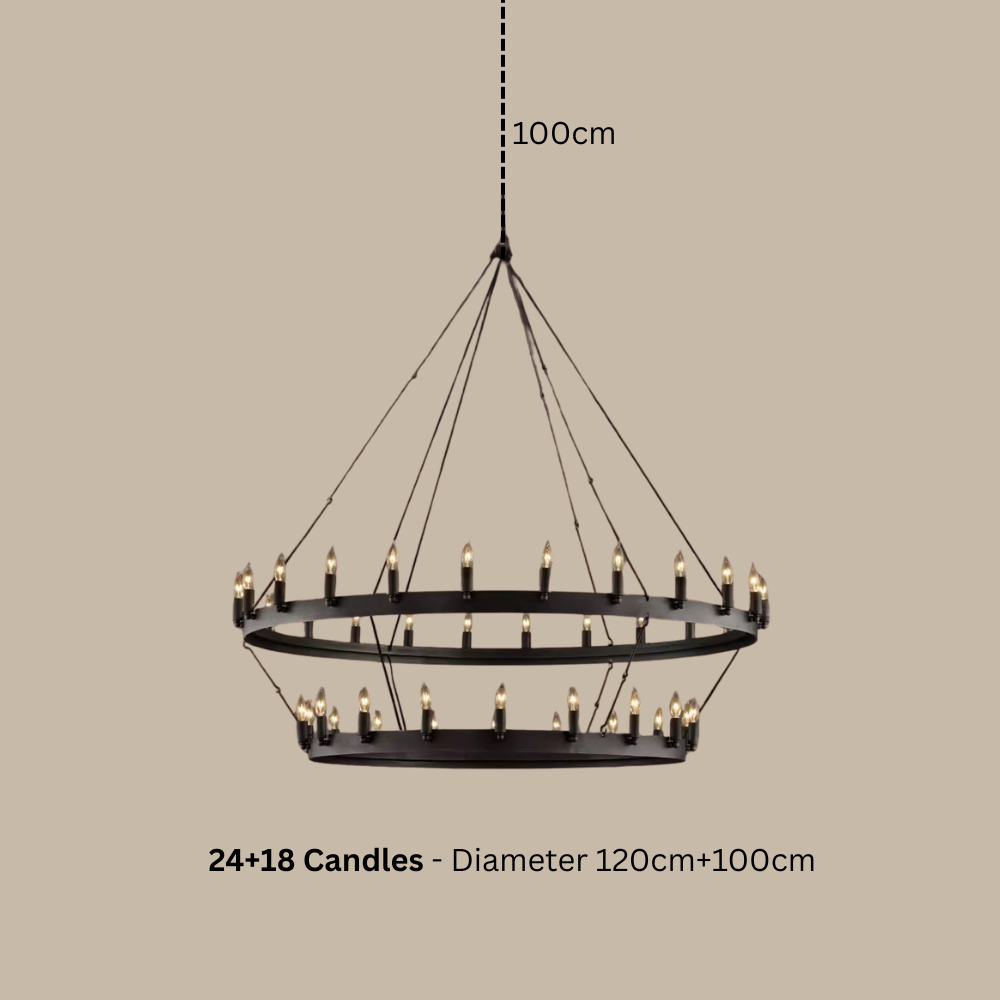 Large black chandelier with candles on a beige background