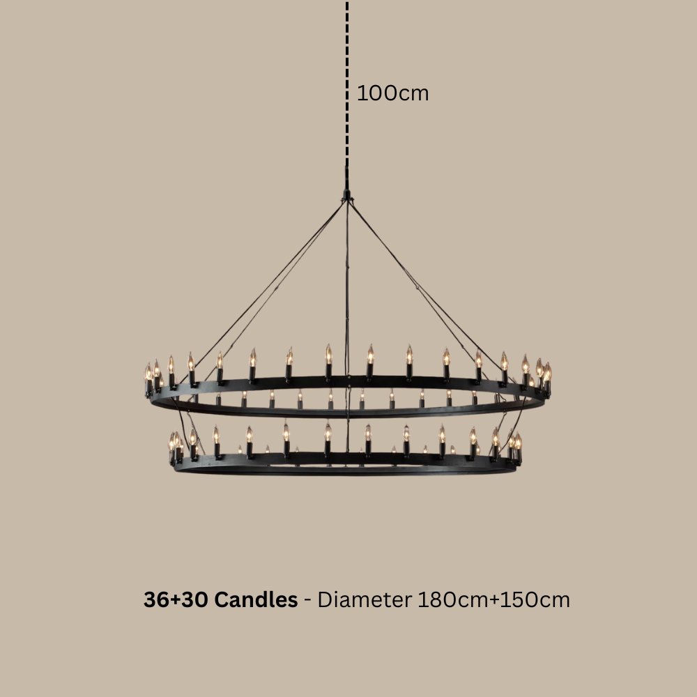 Chandelier with 36+30 candles on a beige background, showing dimensions.