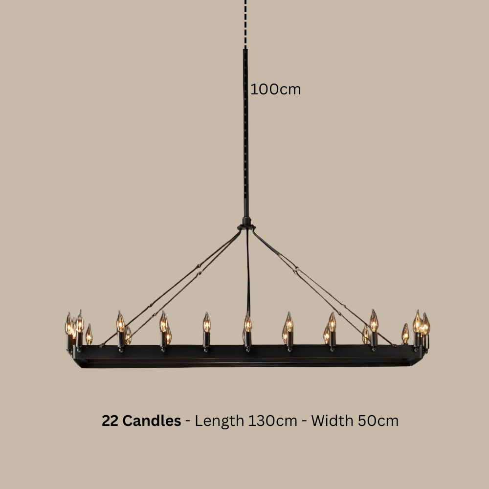 Chandelier with 22 candle-like lights on a beige background