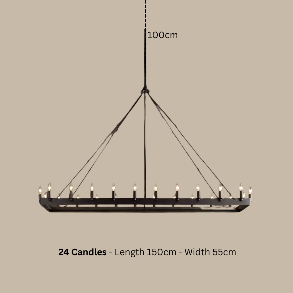 Chandelier with 24 candles on a beige background, showing dimensions.