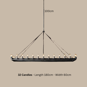 Chandelier with 32 candles on a beige background, showing dimensions.