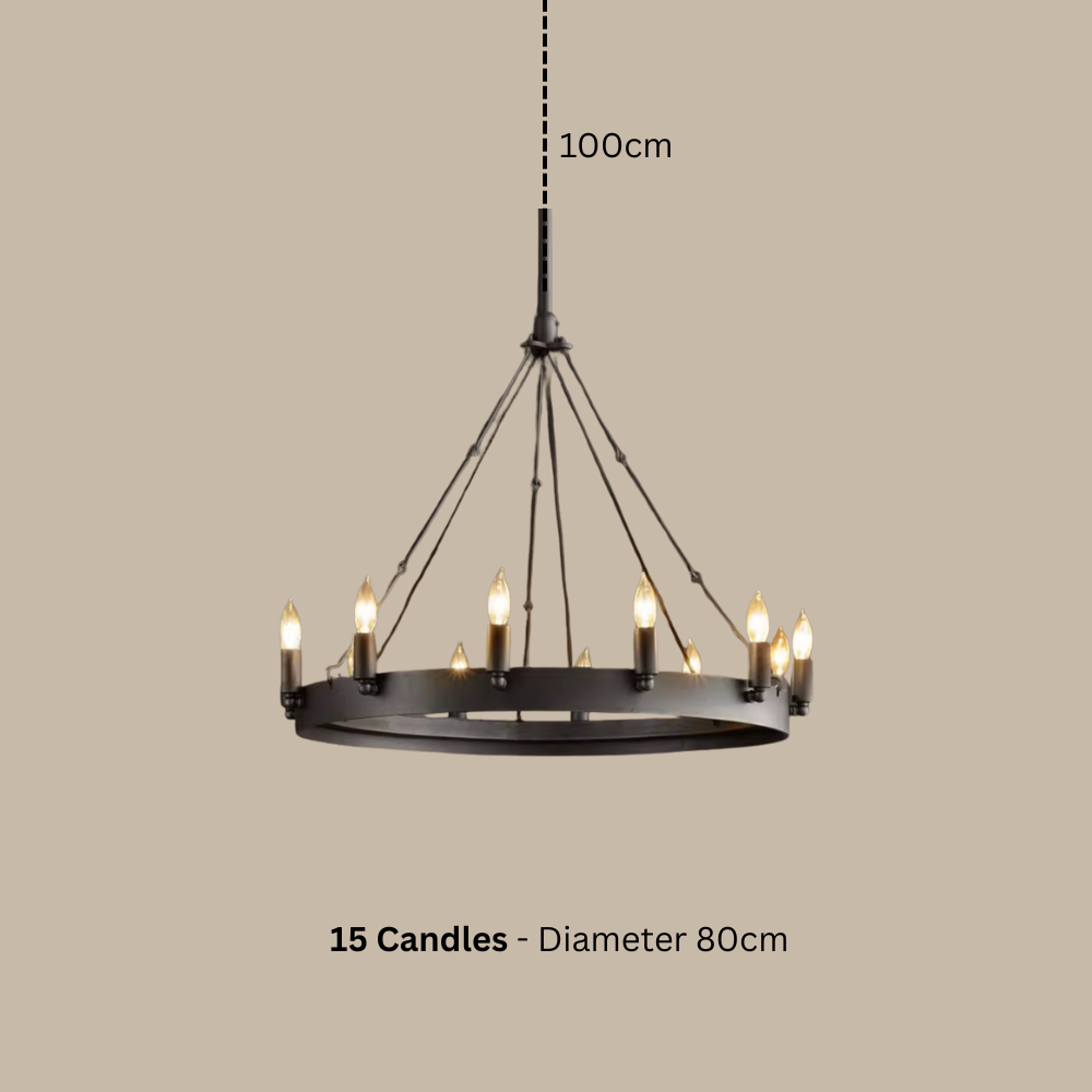 Chandelier with 15 candles on a beige background, showing dimensions.