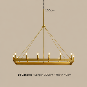 Gold chandelier with 14 candles on a beige background